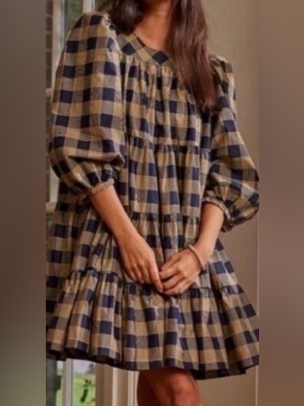 summersalt Navy and Beige Gingham Tiered Dress